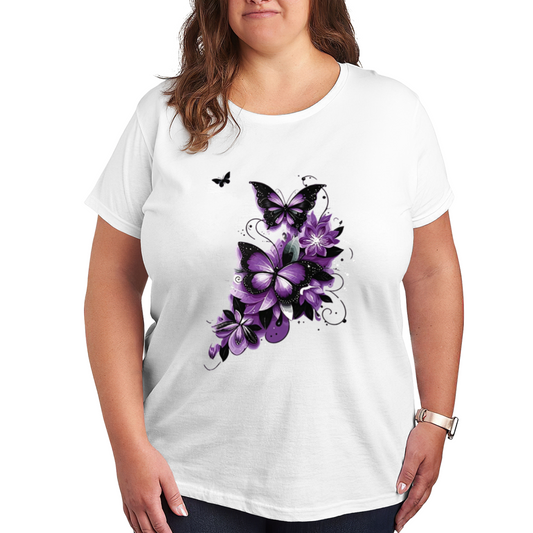 Elegant Purple Black Butterfly Dark Floral Ink Print Plus Size Women White T-Shirt