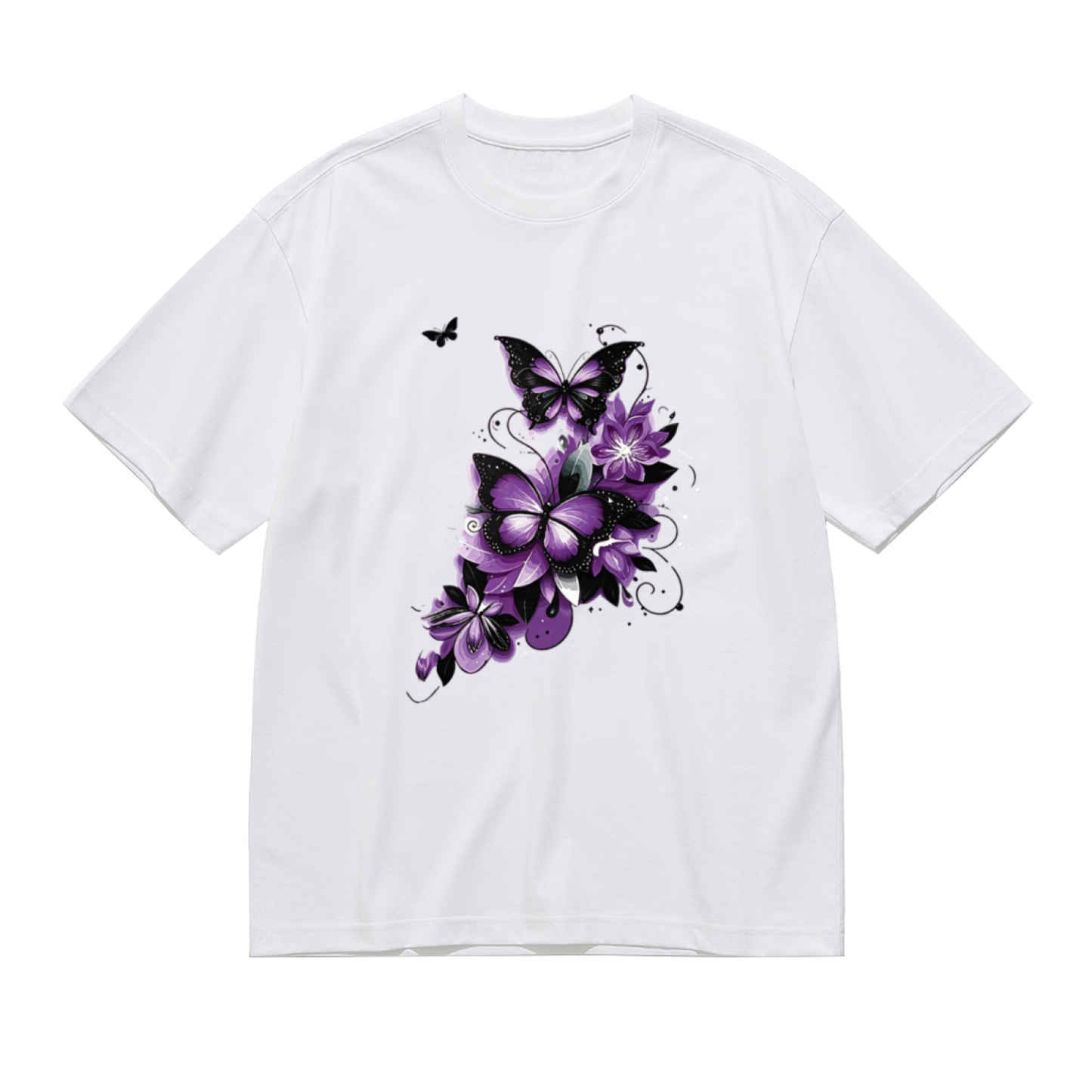 Elegant Purple Black Butterfly Dark Floral Ink Print Plus Size Women White T-Shirt