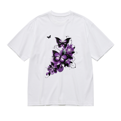 Elegant Purple Black Butterfly Dark Floral Ink Print Plus Size Women White T-Shirt