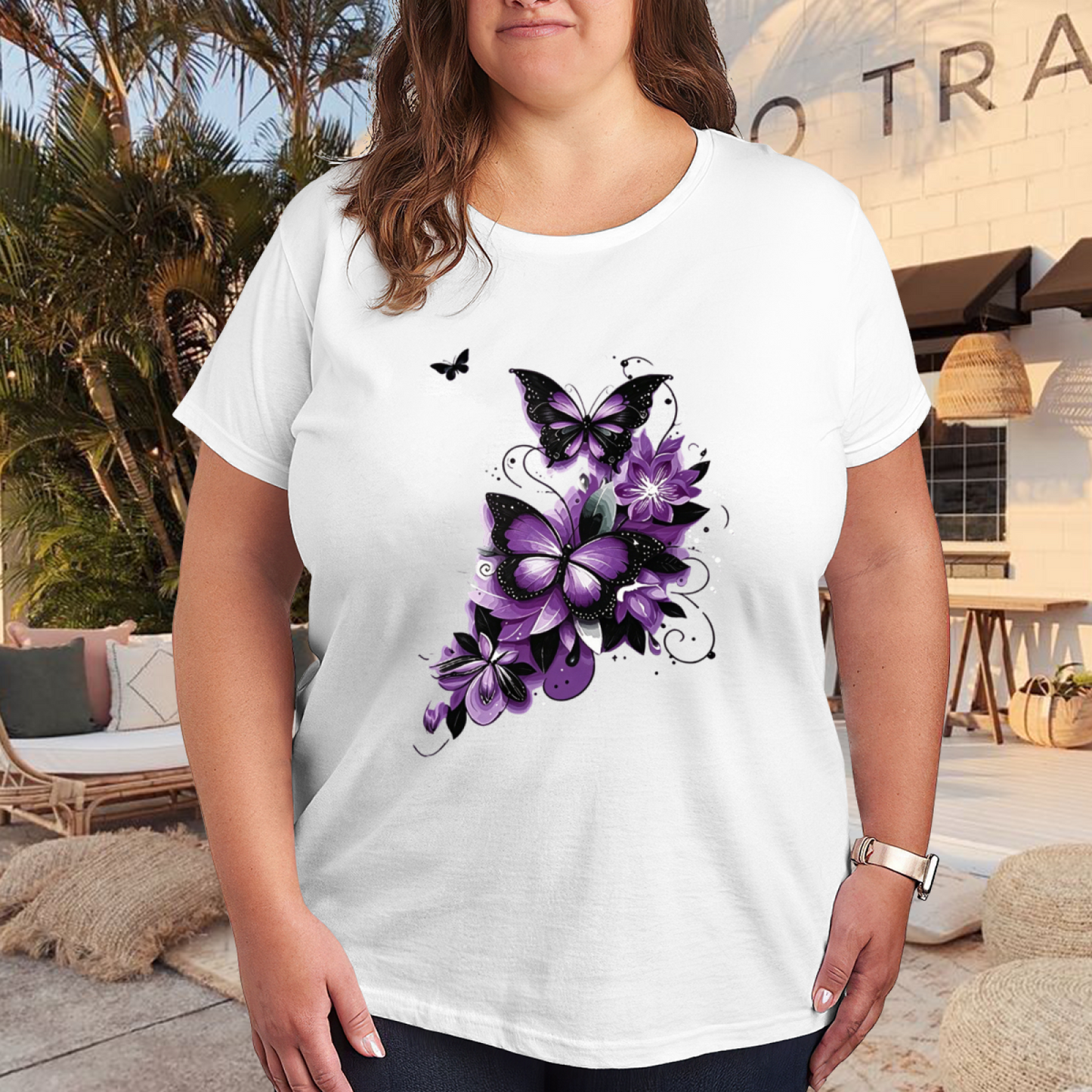 Elegant Purple Black Butterfly Dark Floral Ink Print Plus Size Women White T-Shirt