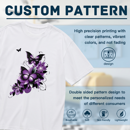 Elegant Purple Black Butterfly Dark Floral Ink Print Plus Size Women White T-Shirt