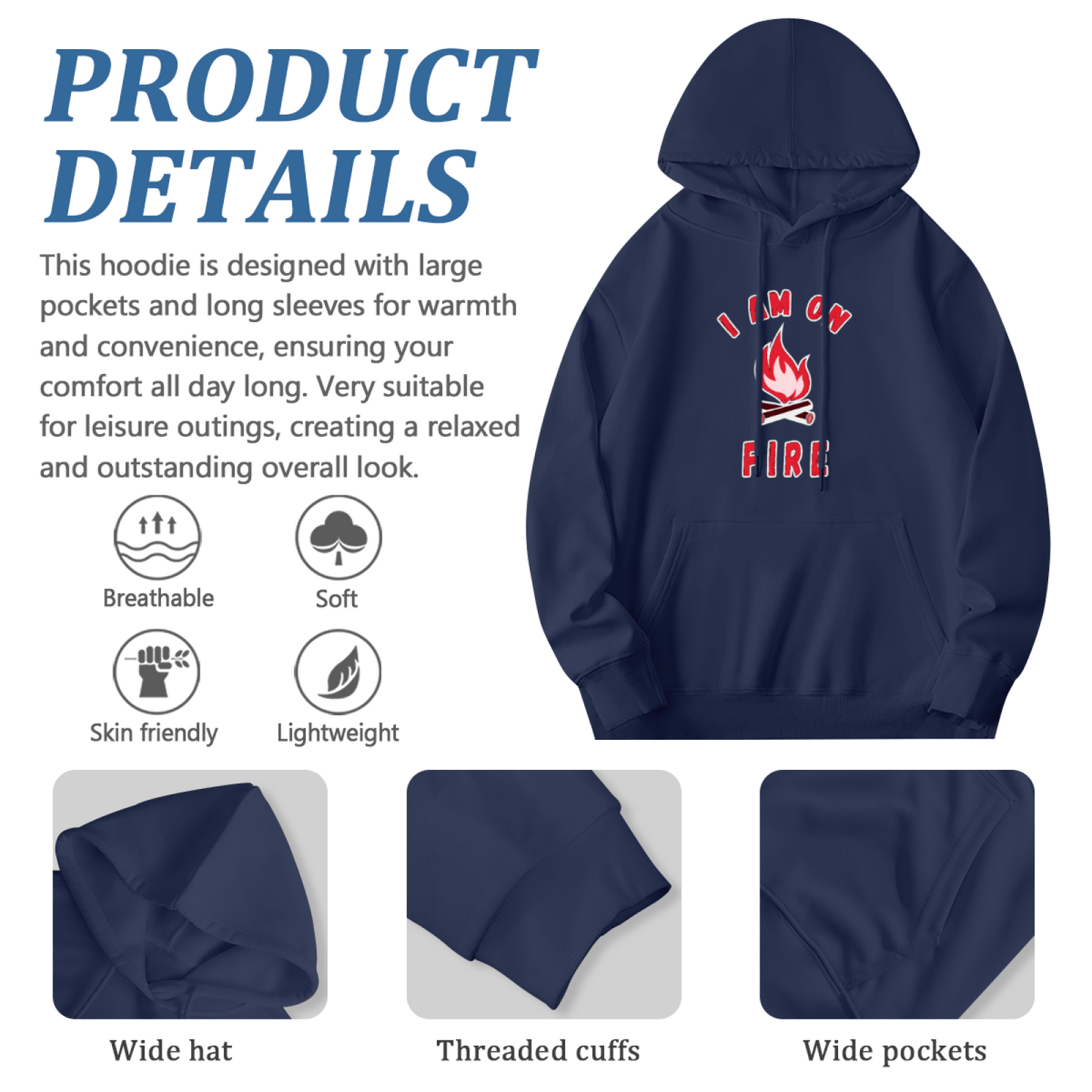 I Am On Fire Flame Graphic Comfortable Navy Hoodie, Casual Daily Top