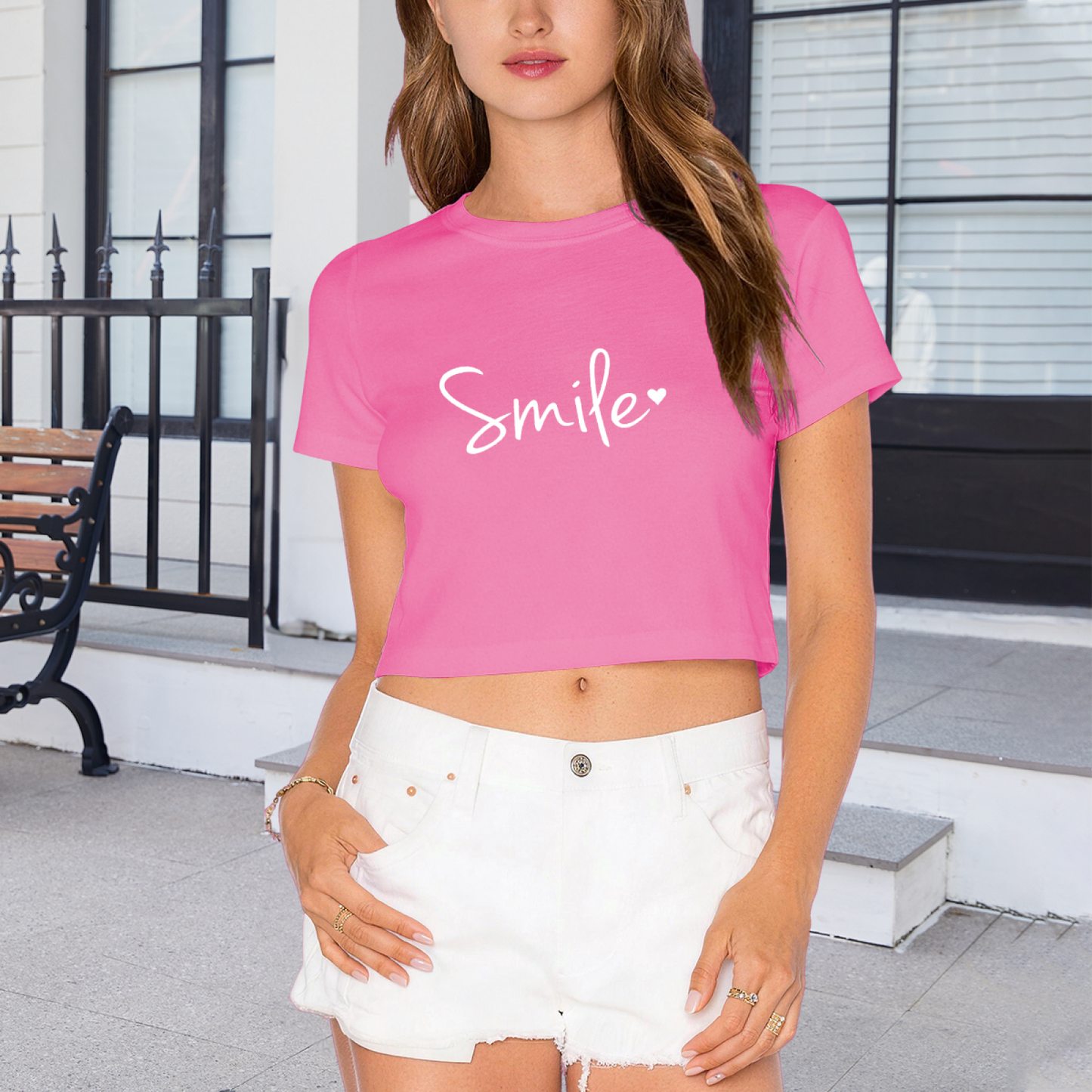 Simple Smile Heart Hot Pink Crop Top ¨C Soft Cute Minimal Graphic Tee