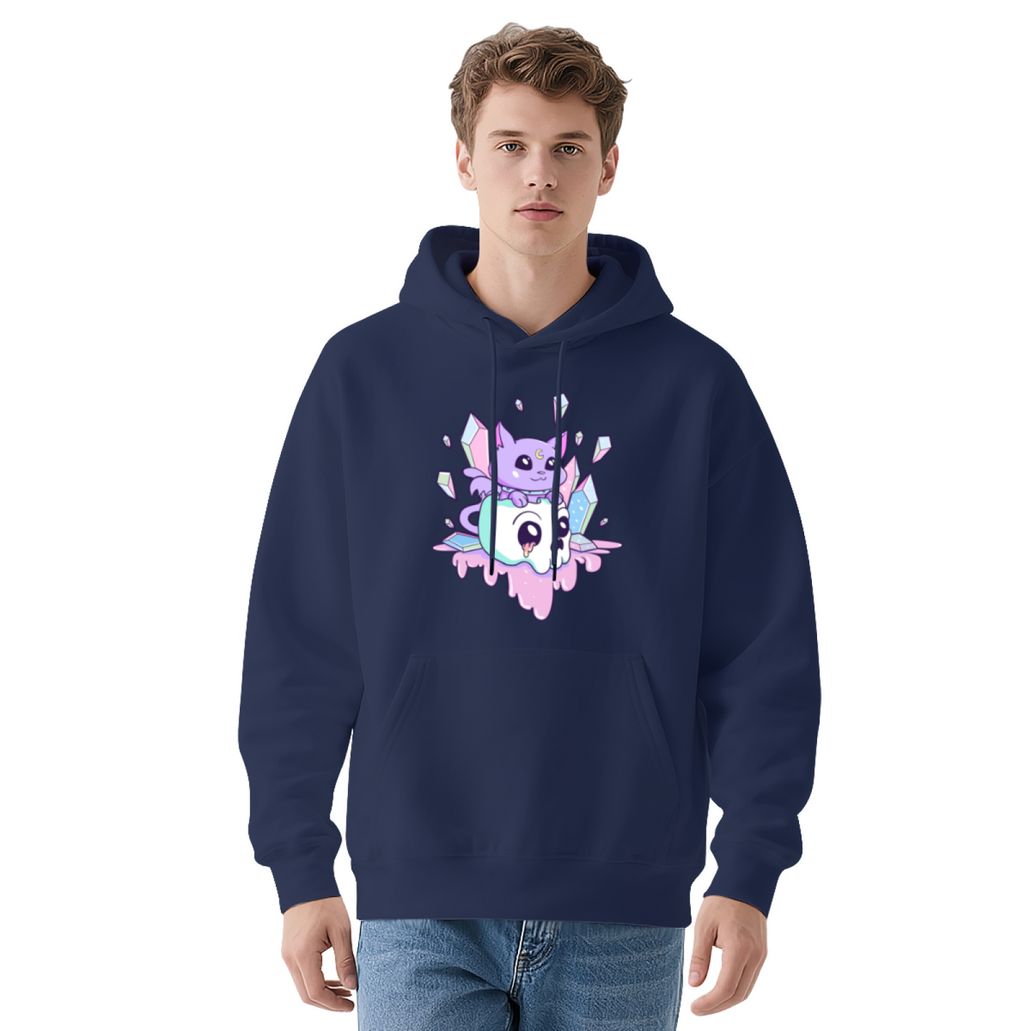 Kawaii Crystal Skull Purple Cat Cute Cartoon Hoodie, Plush Cozy Loungewear