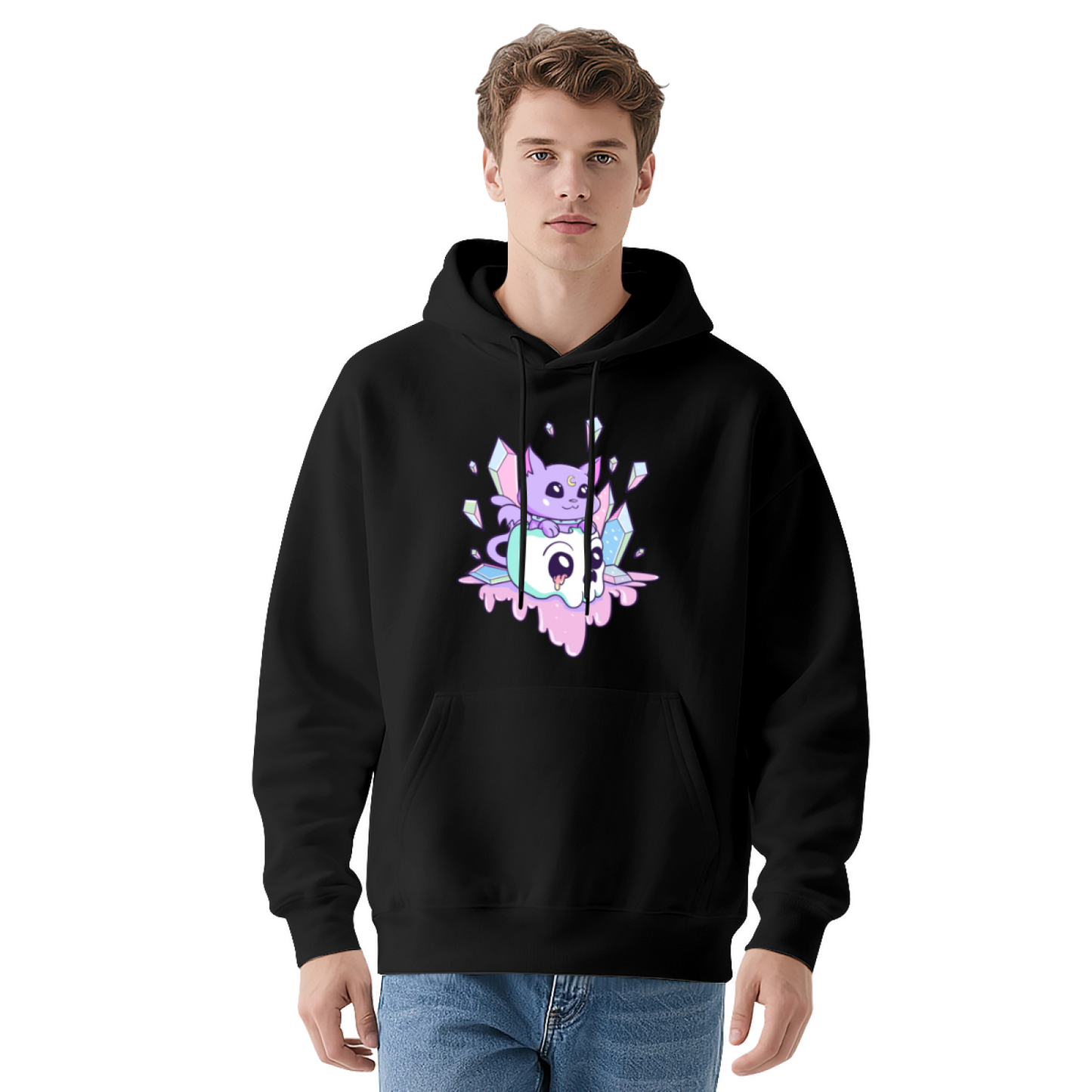 Kawaii Crystal Skull Purple Cat Cute Cartoon Hoodie, Plush Cozy Loungewear