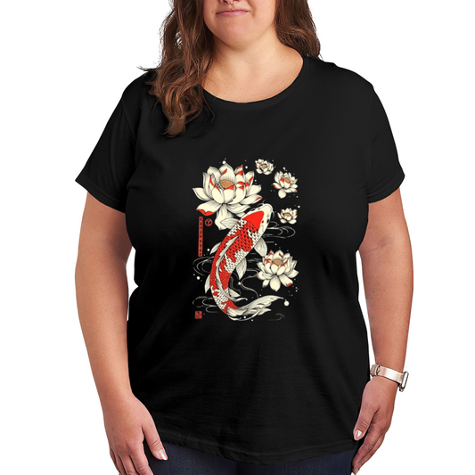 Japanese Ukiyo-e Koi Fish Lotus Oriental Art Plus Size Women Graphic Tee