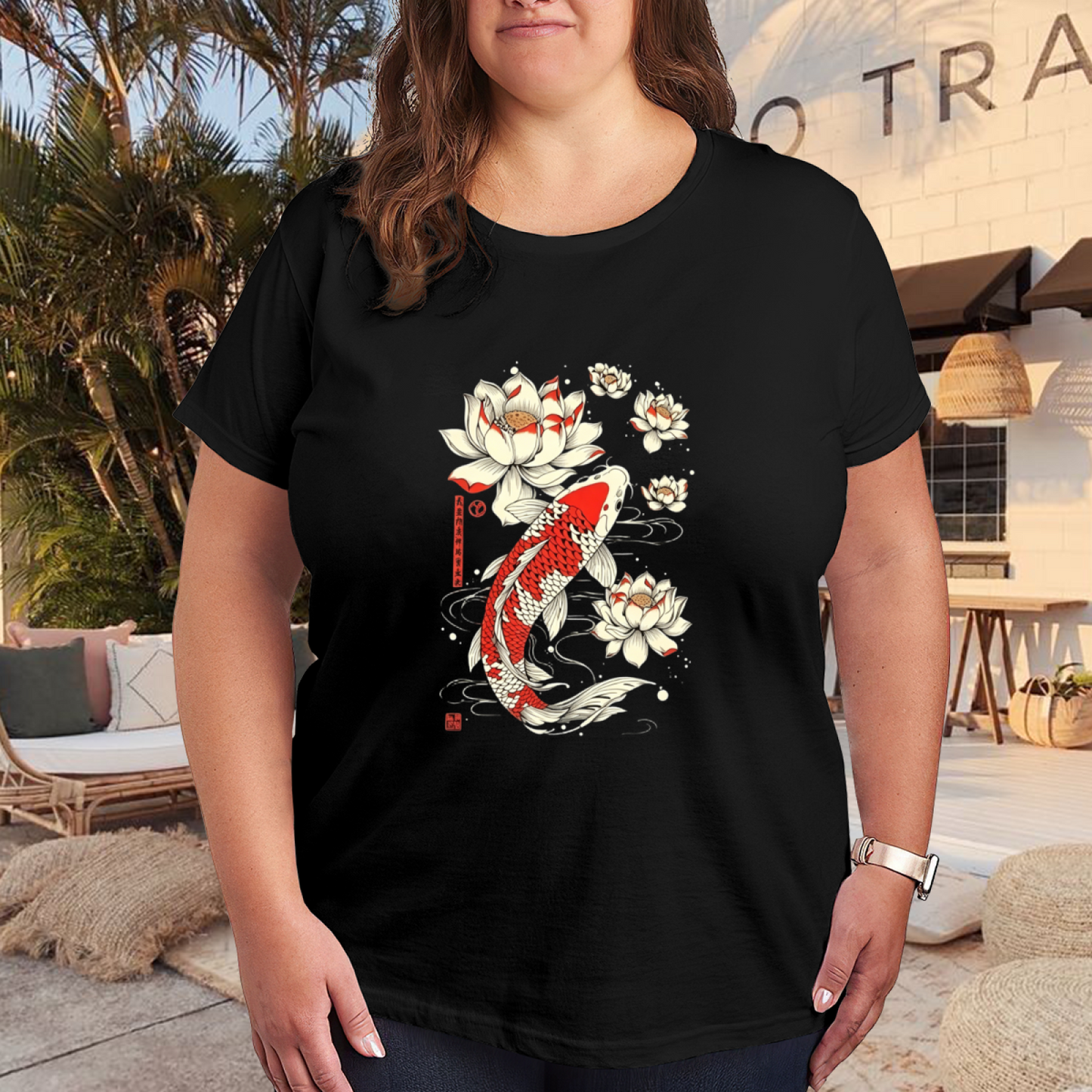 Japanese Ukiyo-e Koi Fish Lotus Oriental Art Plus Size Women Graphic Tee