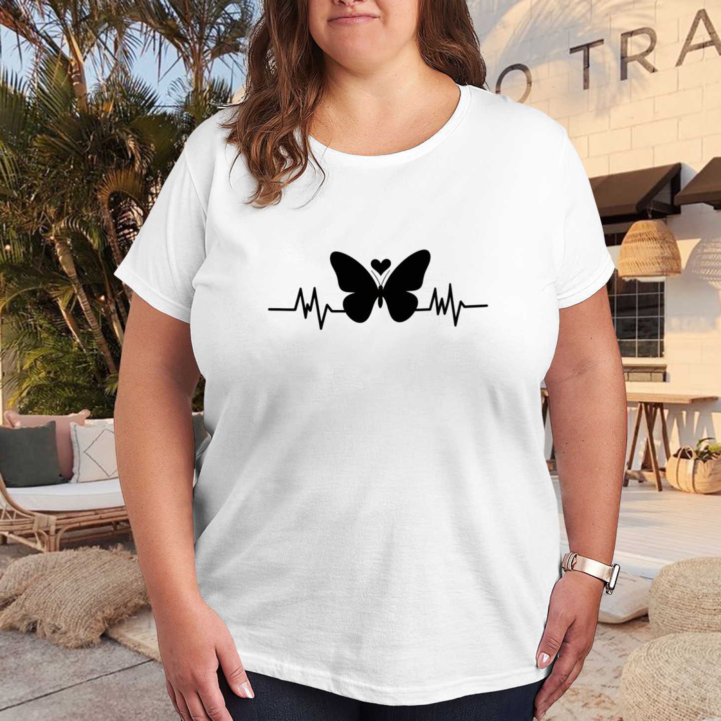 Minimal Heartbeat Butterfly Love Silhouette Plus Size Women Graphic Tee