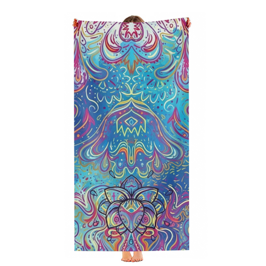 Boho Colorful Lotus Mandala Print Beach Towel, Ultra Soft & Highly Water Absorbent, Multiple Sizes Available for Cozy Beach, Pool & Vacation Use
