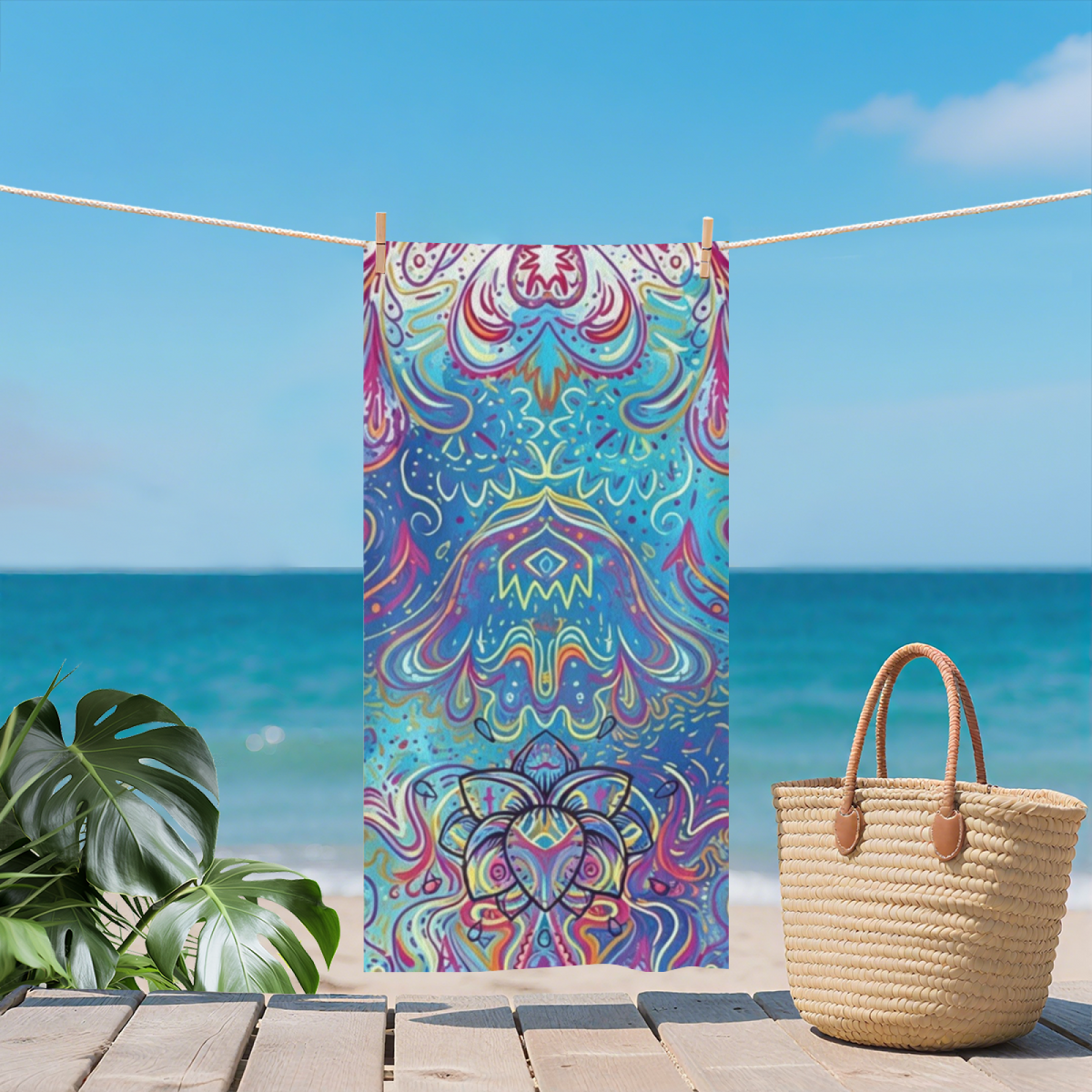 Boho Colorful Lotus Mandala Print Beach Towel, Ultra Soft & Highly Water Absorbent, Multiple Sizes Available for Cozy Beach, Pool & Vacation Use