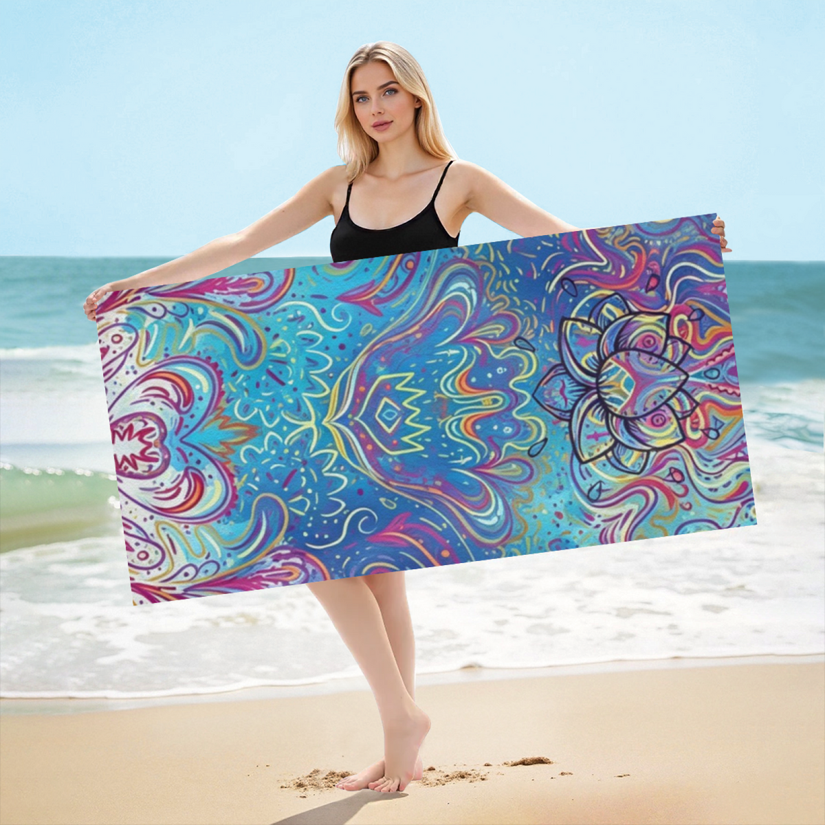 Boho Colorful Lotus Mandala Print Beach Towel, Ultra Soft & Highly Water Absorbent, Multiple Sizes Available for Cozy Beach, Pool & Vacation Use