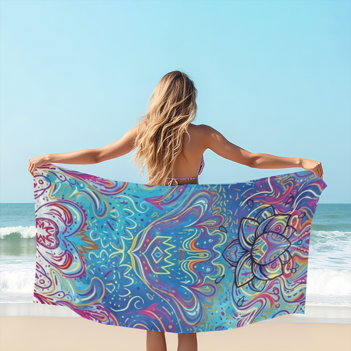 Boho Colorful Lotus Mandala Print Beach Towel, Ultra Soft & Highly Water Absorbent, Multiple Sizes Available for Cozy Beach, Pool & Vacation Use
