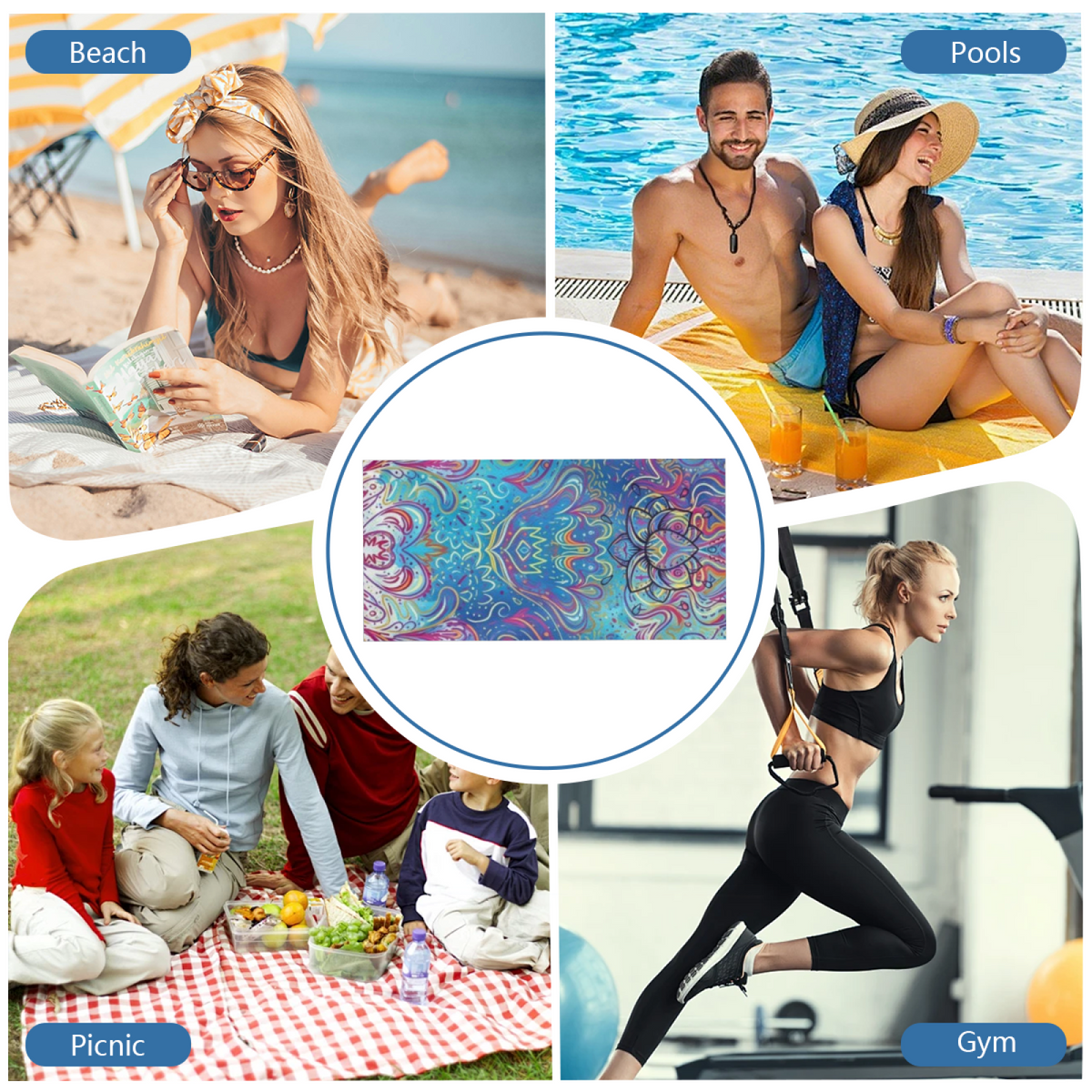 Boho Colorful Lotus Mandala Print Beach Towel, Ultra Soft & Highly Water Absorbent, Multiple Sizes Available for Cozy Beach, Pool & Vacation Use