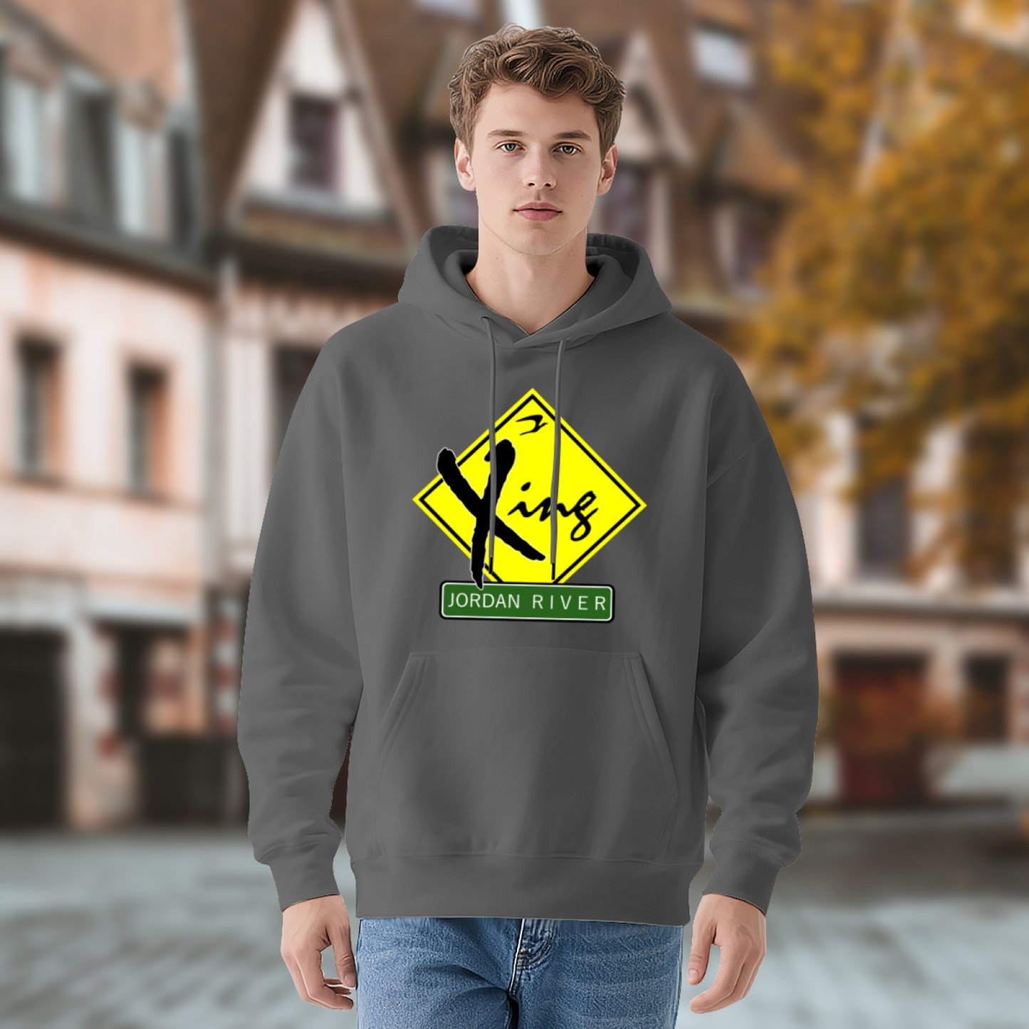 Jordan River Crossing Sign Gray Hoodie, Religious Road Sign Soft Comfort Hoodie