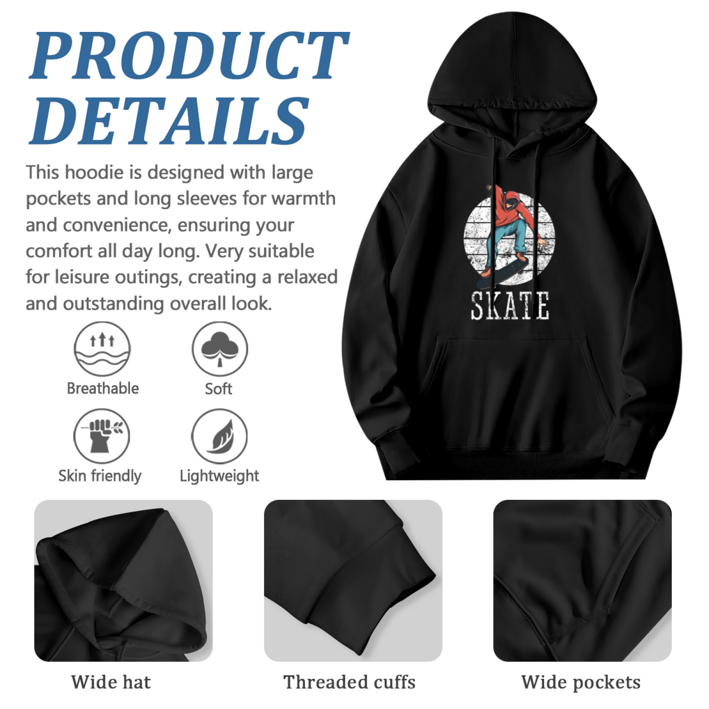 Vintage Skateboard Distressed Hoodie, All Day Soft Comfort