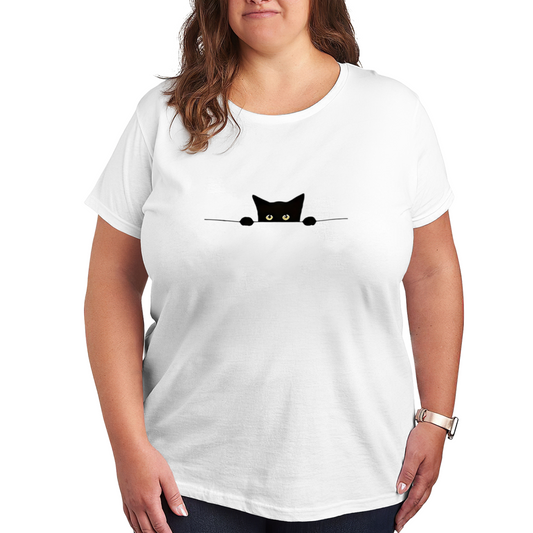 Cute Peeking Black Cat Minimalist Plus Size Women T-Shirt