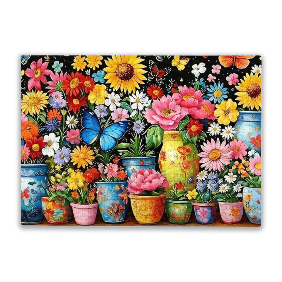 Vibrant Rainbow Flower Pots & Bright Blue Butterfly Floral Puzzle | 300/500/1000 Pieces