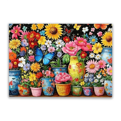 Vibrant Rainbow Flower Pots & Bright Blue Butterfly Floral Puzzle | 300/500/1000 Pieces