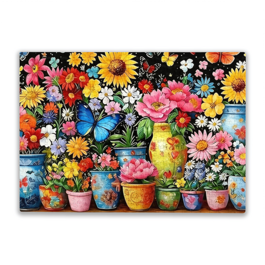 Vibrant Rainbow Flower Pots & Bright Blue Butterfly Floral Puzzle | 300/500/1000 Pieces