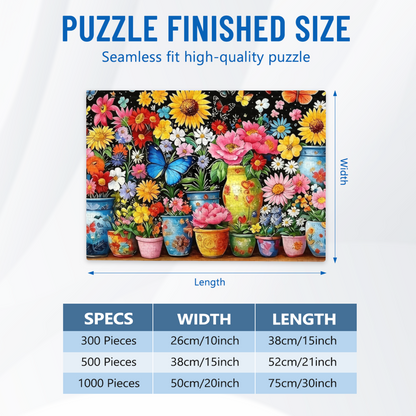Vibrant Rainbow Flower Pots & Bright Blue Butterfly Floral Puzzle | 300/500/1000 Pieces