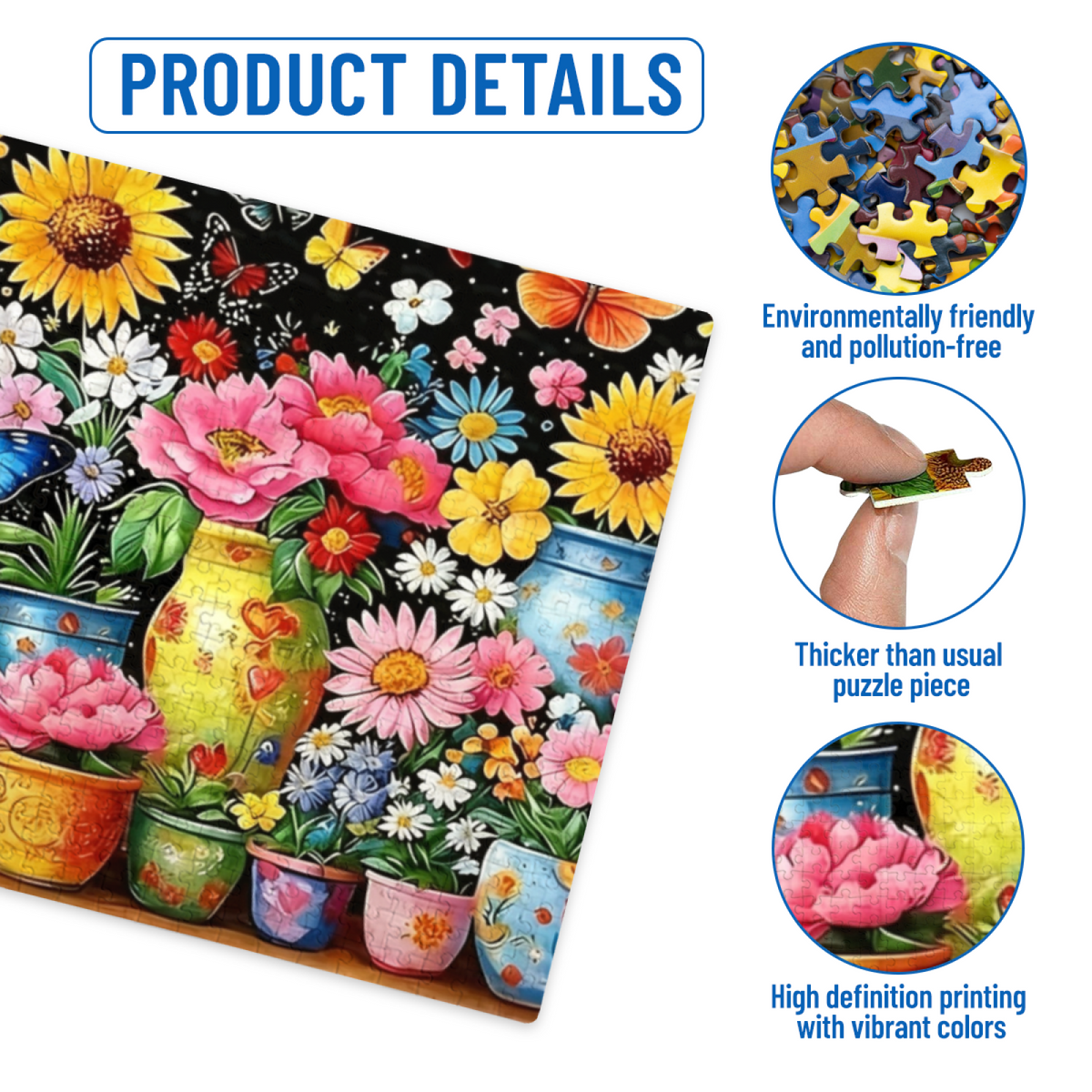 Vibrant Rainbow Flower Pots & Bright Blue Butterfly Floral Puzzle | 300/500/1000 Pieces