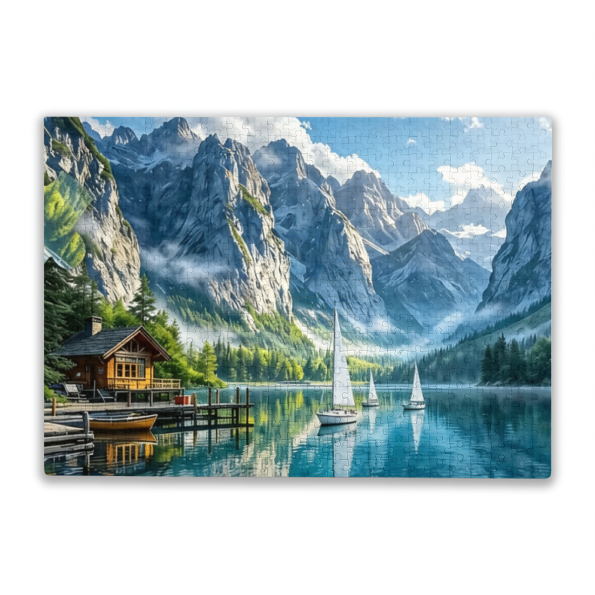 Majestic Alpine Mountain Lake Cabin Sailboat Scenic Puzzle
