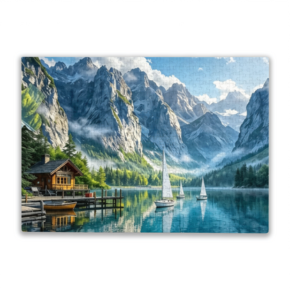 Majestic Alpine Mountain Lake Cabin Sailboat Scenic Puzzle