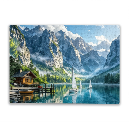 Majestic Alpine Mountain Lake Cabin Sailboat Scenic Puzzle