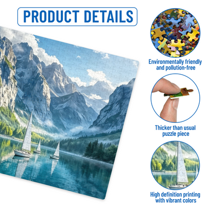Majestic Alpine Mountain Lake Cabin Sailboat Scenic Puzzle
