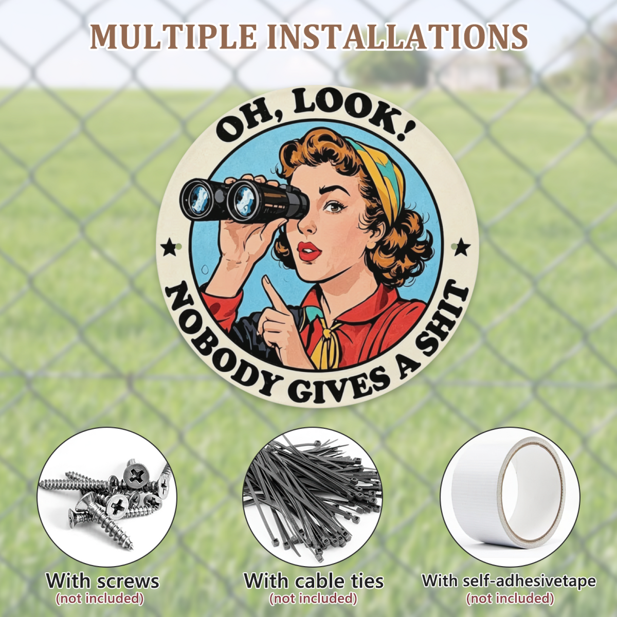 Sassy Retro Pop Art Lady Binoculars Round Metal Sign Funny Sarcasm Wall Decor