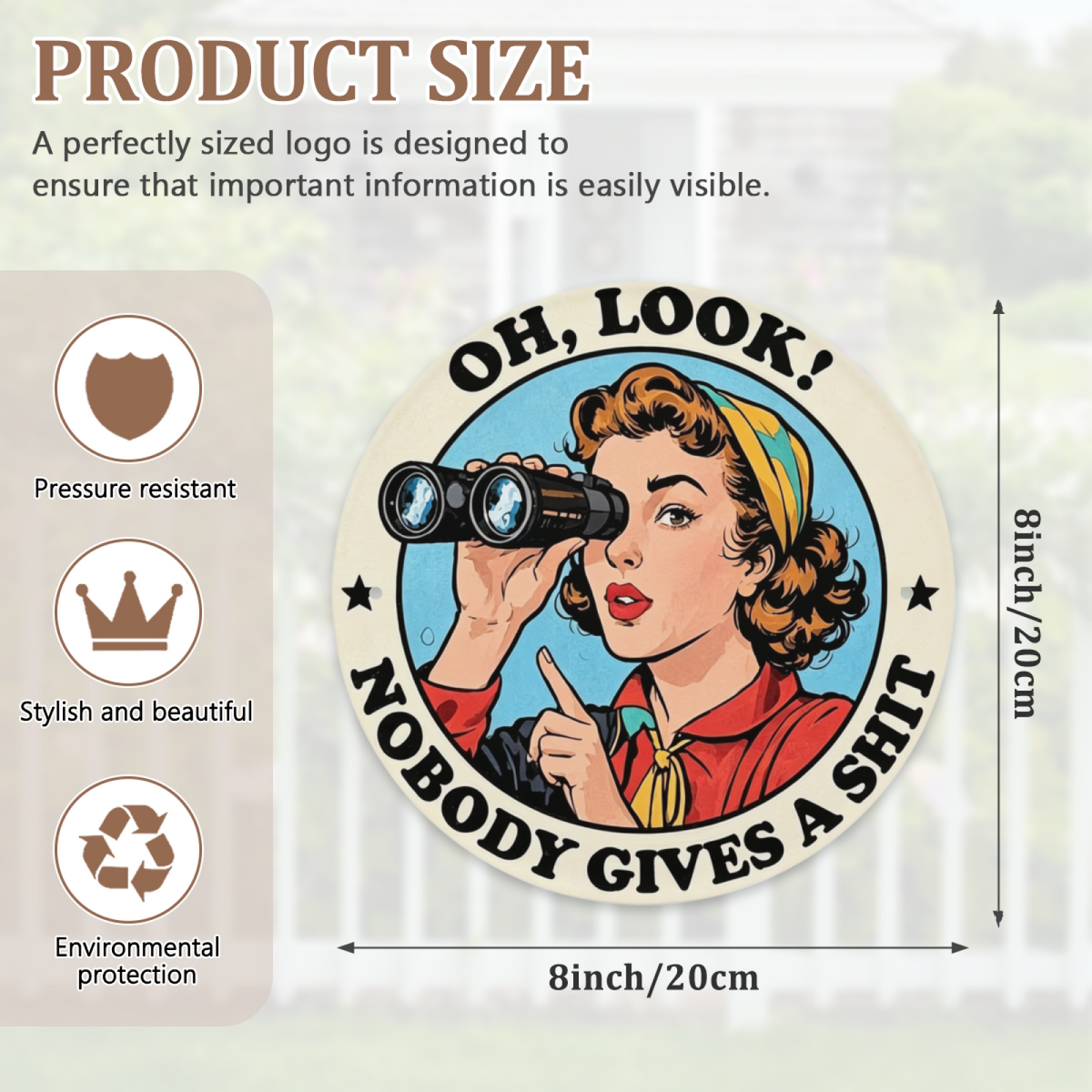 Sassy Retro Pop Art Lady Binoculars Round Metal Sign Funny Sarcasm Wall Decor