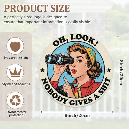 Sassy Retro Pop Art Lady Binoculars Round Metal Sign Funny Sarcasm Wall Decor