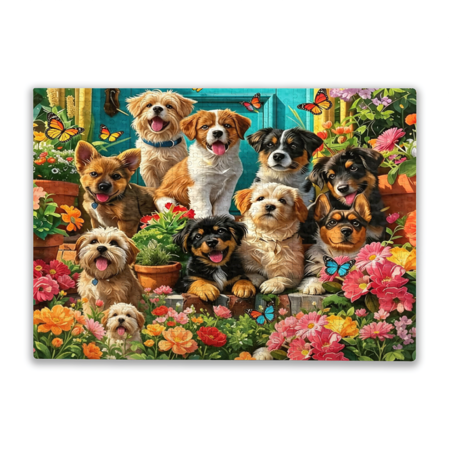 Adorable Puppies & Blooming Garden Butterfly Jigsaw Puzzle | Cute Animal Floral Puzzle 300/500/1000 Pieces