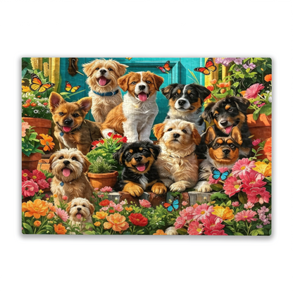 Adorable Puppies & Blooming Garden Butterfly Jigsaw Puzzle | Cute Animal Floral Puzzle 300/500/1000 Pieces