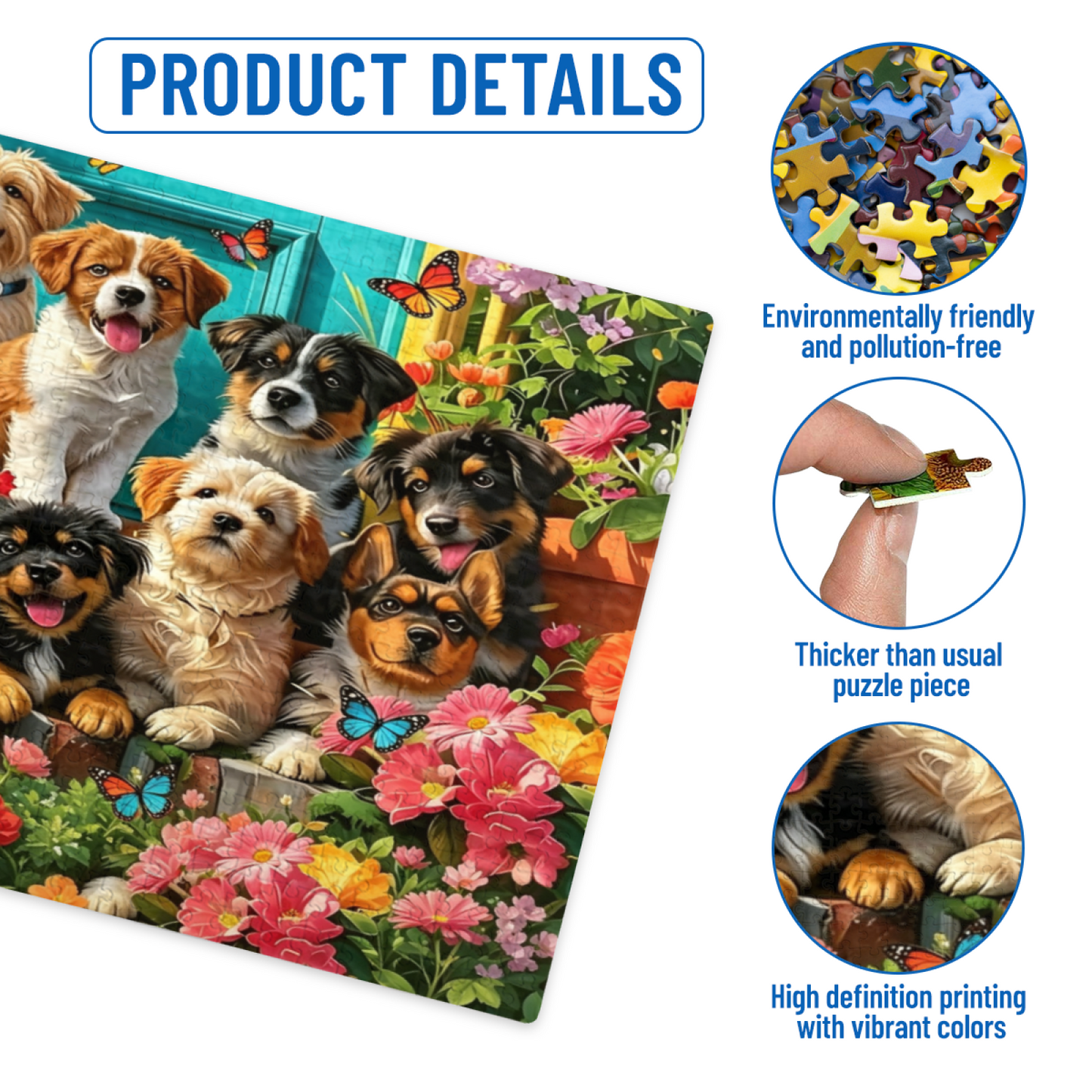 Adorable Puppies & Blooming Garden Butterfly Jigsaw Puzzle | Cute Animal Floral Puzzle 300/500/1000 Pieces