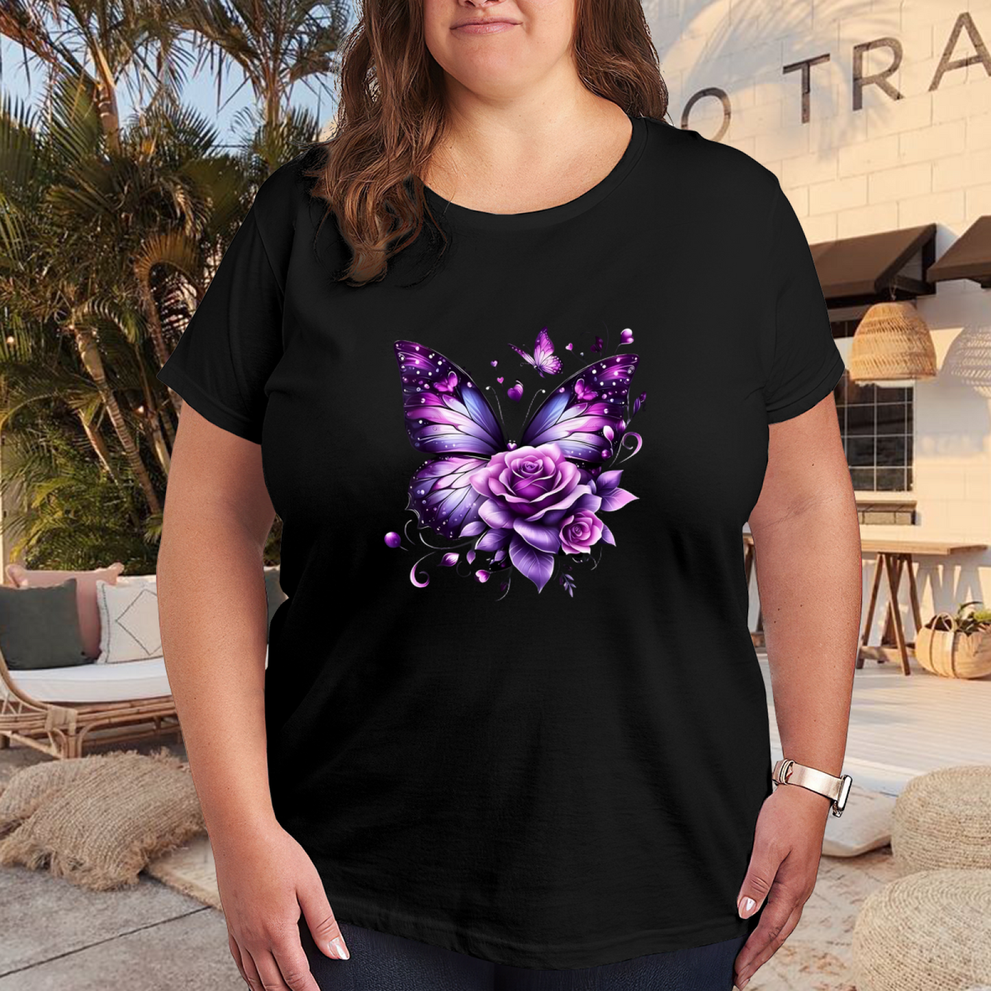 Magical Purple Butterfly & Rose Combo Plus Size Women Printed T-Shirt