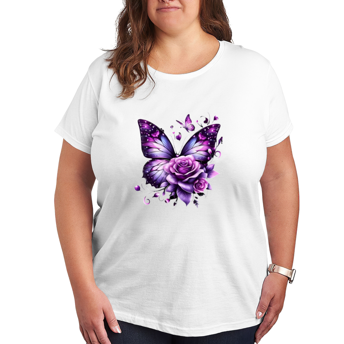 Magical Purple Butterfly & Rose Combo Plus Size Women Printed T-Shirt