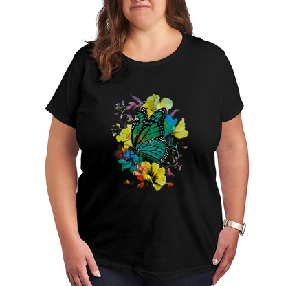 Bright Teal Butterfly Colorful Floral Watercolor Plus Size Women's Printed T-Shirt