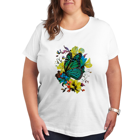 Bright Teal Butterfly Colorful Floral Watercolor Plus Size Women's Printed T-Shirt
