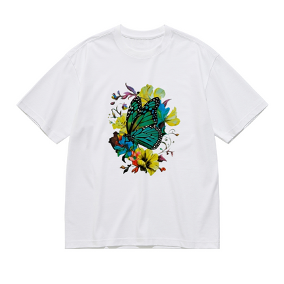 Bright Teal Butterfly Colorful Floral Watercolor Plus Size Women's Printed T-Shirt