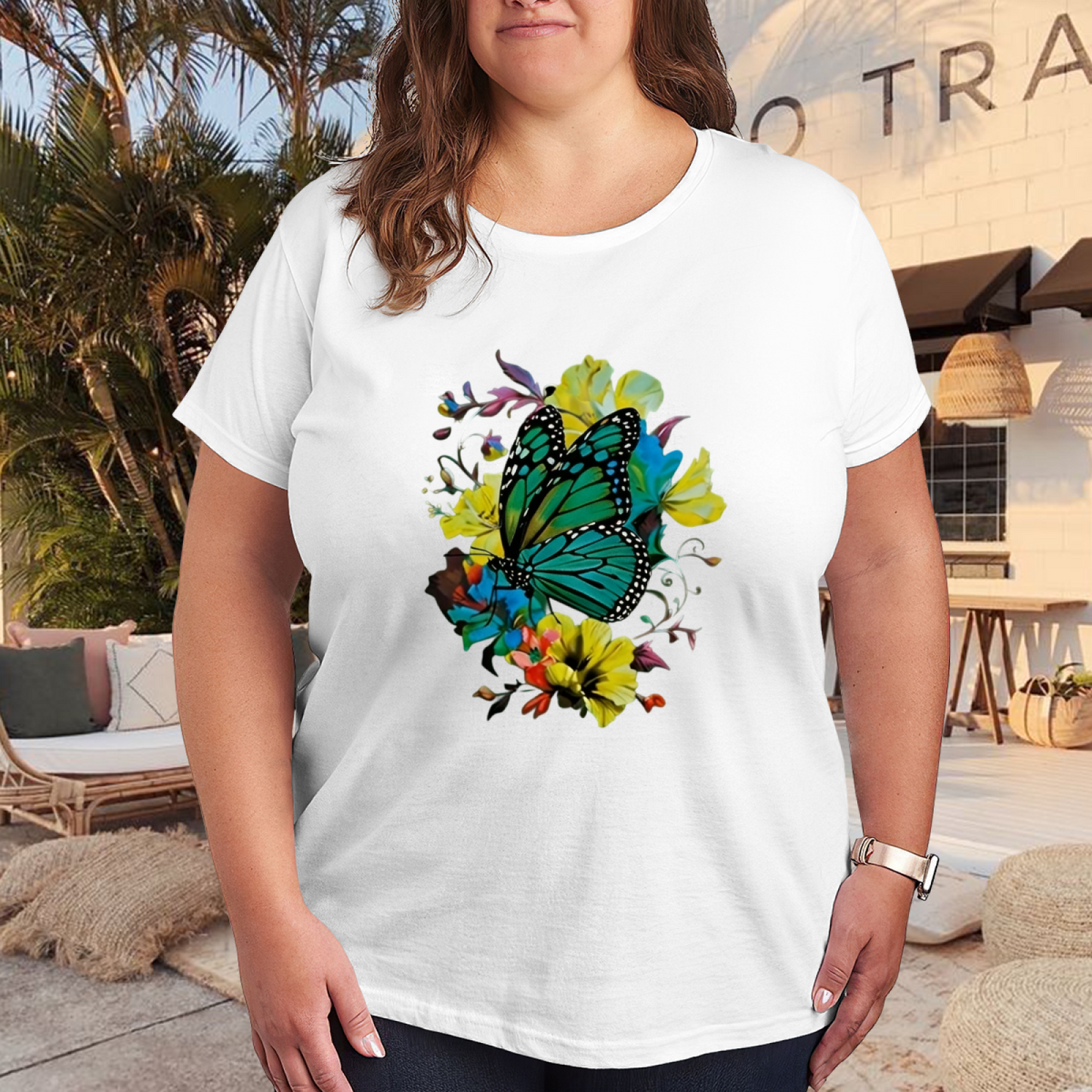 Bright Teal Butterfly Colorful Floral Watercolor Plus Size Women's Printed T-Shirt
