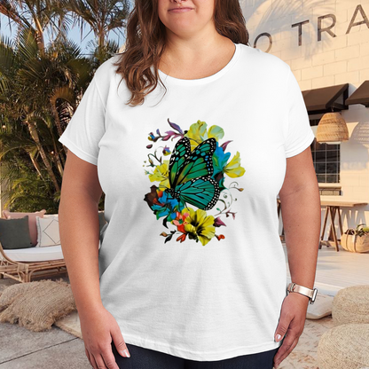 Bright Teal Butterfly Colorful Floral Watercolor Plus Size Women's Printed T-Shirt