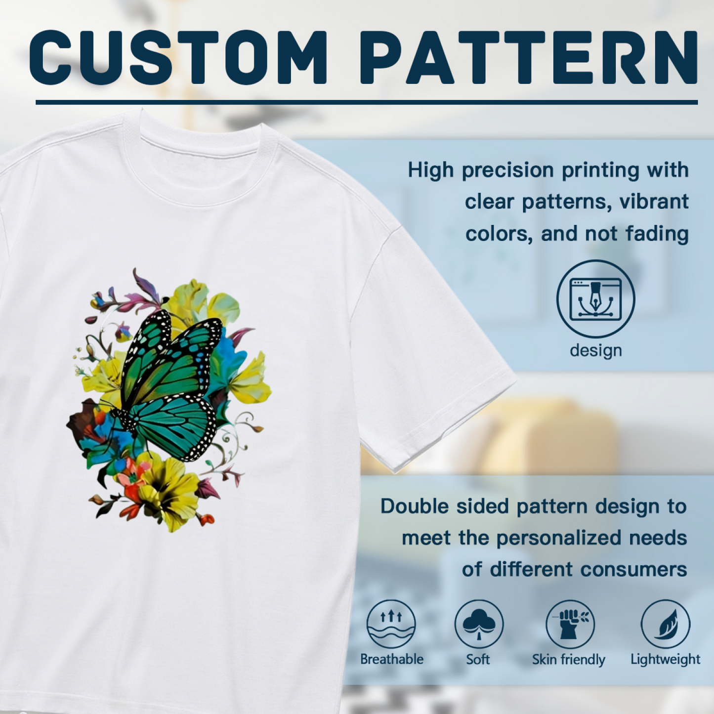Bright Teal Butterfly Colorful Floral Watercolor Plus Size Women's Printed T-Shirt