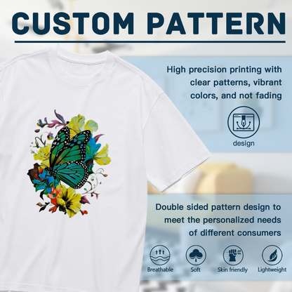 Bright Teal Butterfly Colorful Floral Watercolor Plus Size Women's Printed T-Shirt