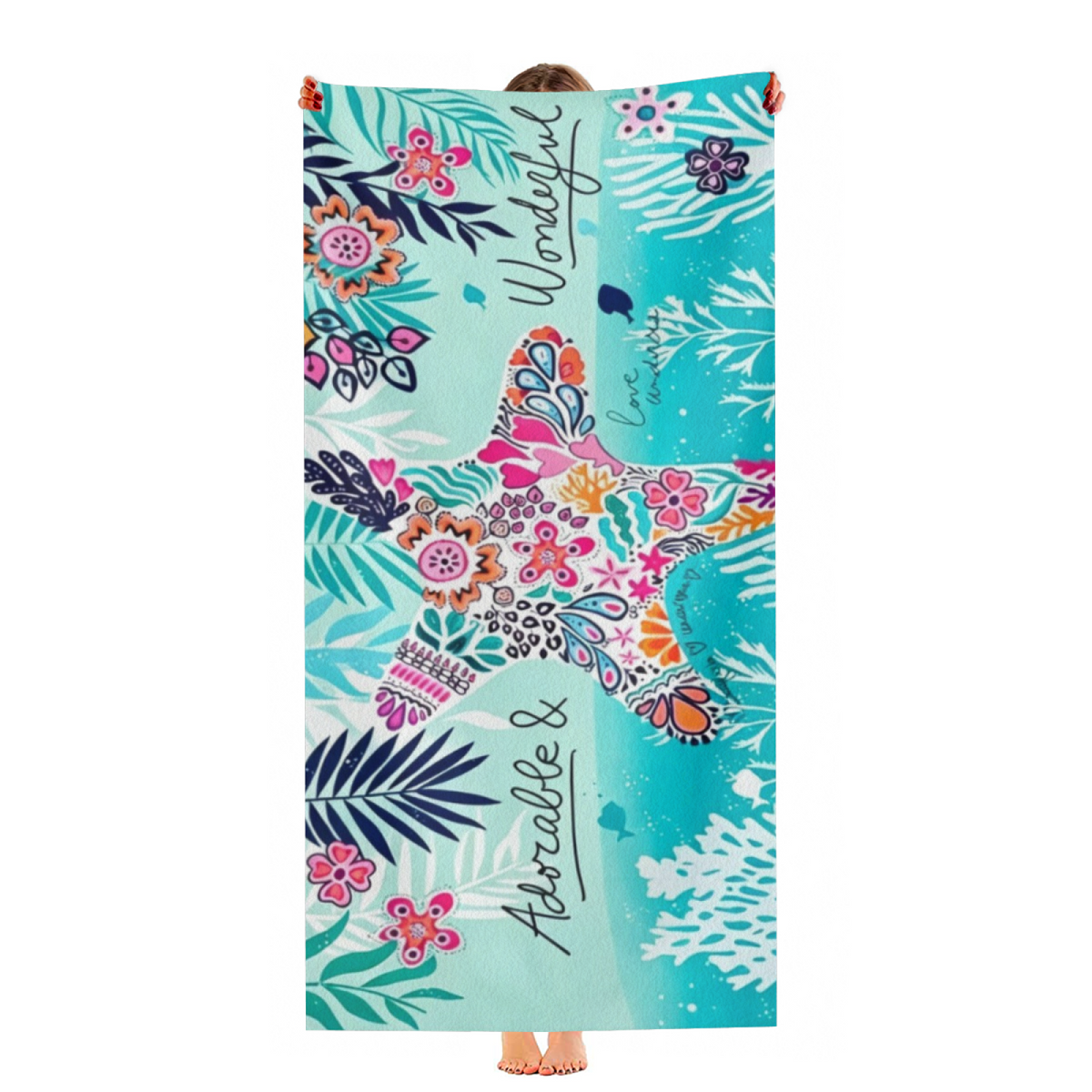 Tropical Floral Starfish Pattern Beach Towel, Skin?Friendly Plush & Quick Absorbing, Various Length Options Bring Extra Comfort for Summer Seaside Trips