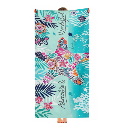 Tropical Floral Starfish Pattern Beach Towel, Skin?Friendly Plush & Quick Absorbing, Various Length Options Bring Extra Comfort for Summer Seaside Trips