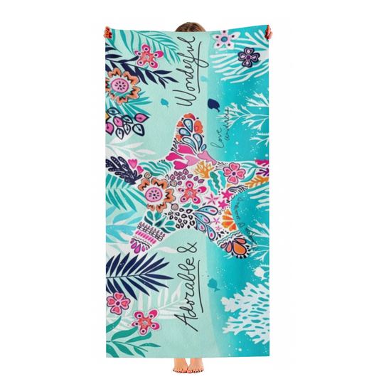 Tropical Floral Starfish Pattern Beach Towel, Skin?Friendly Plush & Quick Absorbing, Various Length Options Bring Extra Comfort for Summer Seaside Trips