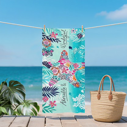 Tropical Floral Starfish Pattern Beach Towel, Skin?Friendly Plush & Quick Absorbing, Various Length Options Bring Extra Comfort for Summer Seaside Trips