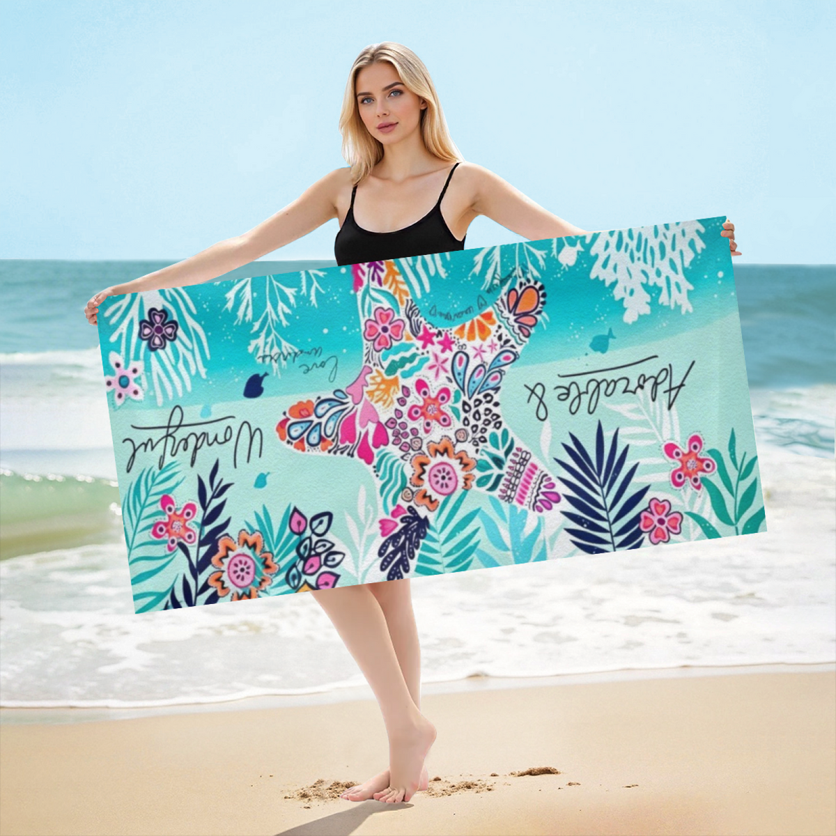 Tropical Floral Starfish Pattern Beach Towel, Skin?Friendly Plush & Quick Absorbing, Various Length Options Bring Extra Comfort for Summer Seaside Trips