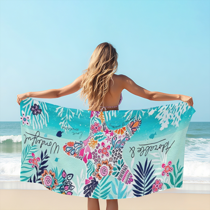 Tropical Floral Starfish Pattern Beach Towel, Skin?Friendly Plush & Quick Absorbing, Various Length Options Bring Extra Comfort for Summer Seaside Trips
